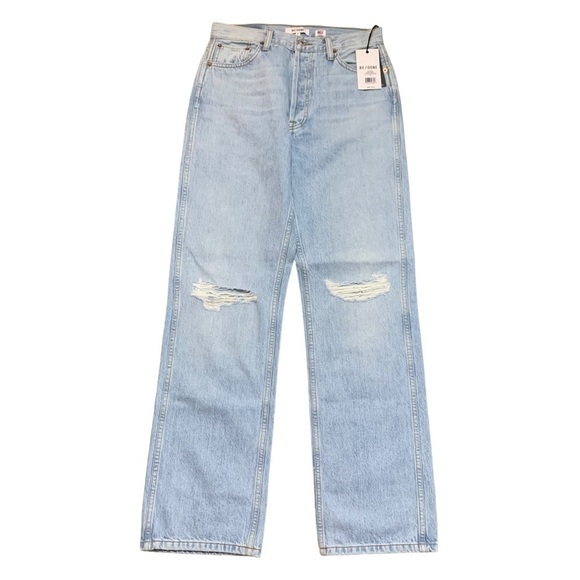 RE/DONE 90s High Rise Loose Bleach Destroyed Jeans Straight Leg Button Fly - Picture 3 of 14